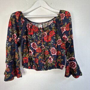 Haute Project Womens Floral Boho Bell Sleeve Cropped Top Blouse Large Navy/Red